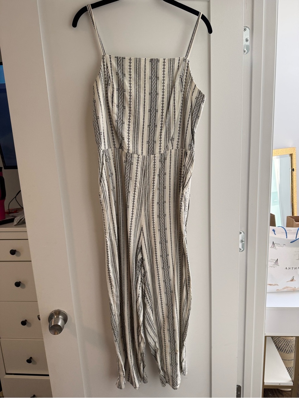 Old Navy Ivory and Black Striped Spaghetti-Strap Jumpsuit